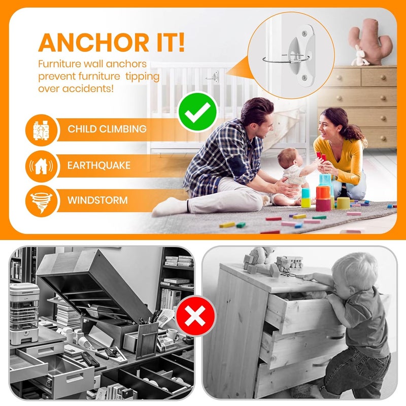Tickselect Furniture Anchors for Baby Proofing (10 Pack) Anti Tip Furniture Anchors Securing 400lbs,Wall Anchor Earthquake Straps Prevent Baby Pet from Falling Furniture Dresser & Bookshelf, White - Image 2